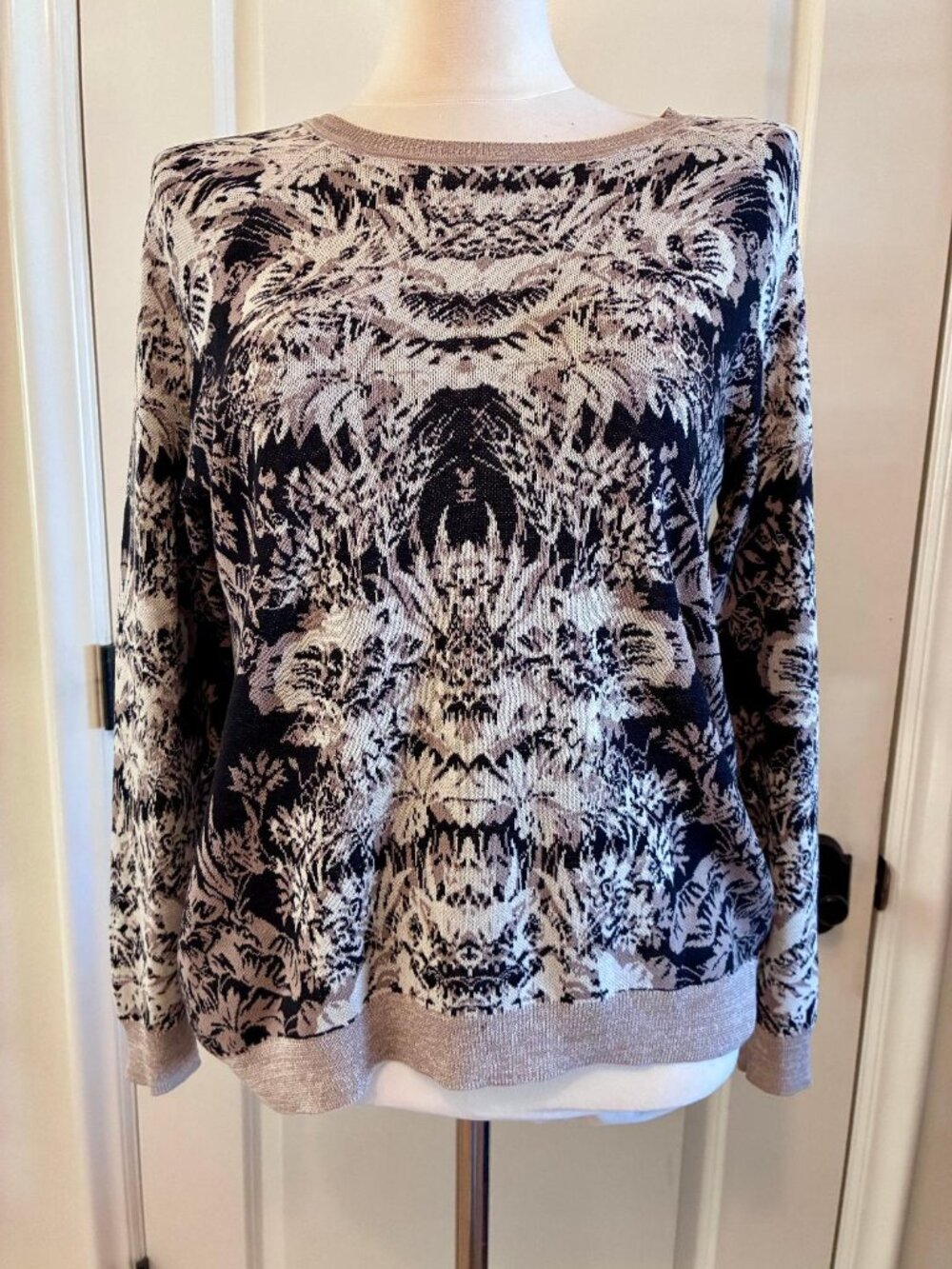 BCBG Parker Sweater, Taupe Brown & Black, 70% Silk 30% Cotton, High Low, Small